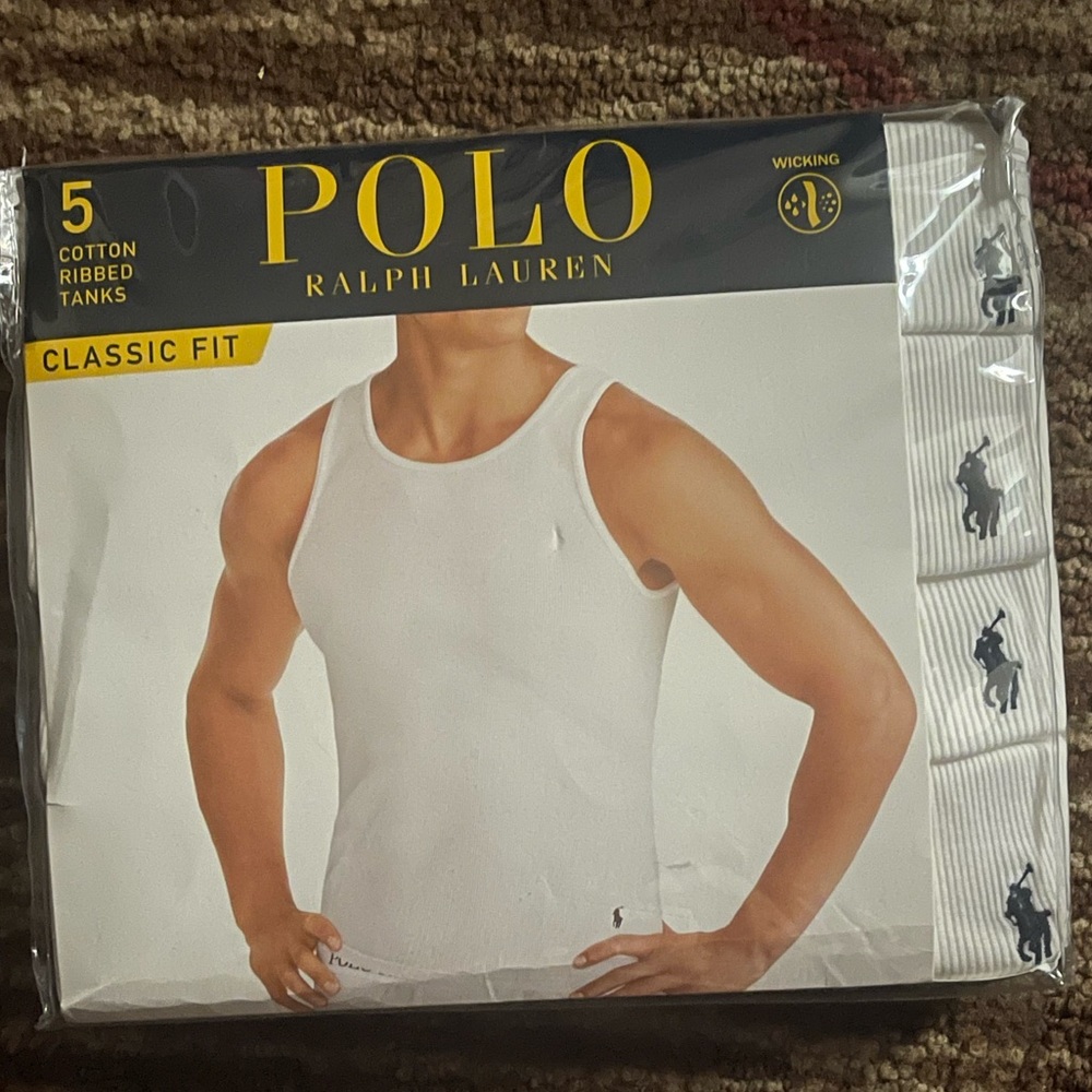 Polo-size small men white classic fit ribbed tanks.